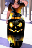 Halloween Costume Black Casual Print Patchwork V Neck Short Sleeve Dress Dresses