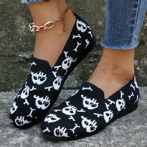 Halloween Black Skull Print Round Comfortable Flats Shoes