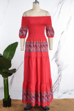 Red Casual Print Patchwork Off the Shoulder Long Dress Dresses