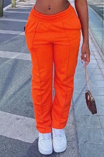 Orange Red Casual Solid Basic Regular Mid Waist Conventional Solid Color Trousers