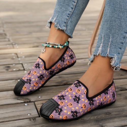 Halloween Purple Pumpkin Bat Print Round Comfortable Flats Shoes