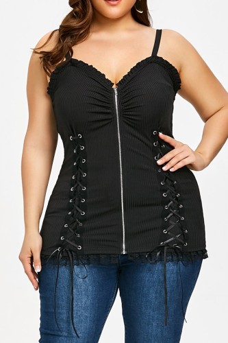 Black Sexy Casual Solid Patchwork Backless Spaghetti Strap Plus Size Tops