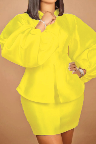 Yellow Casual Solid Patchwork Slit V Neck Long Sleeve Two Pieces
