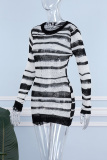 Black Sexy Casual Striped Hollowed Out See-through O Neck Long Sleeve Dresses