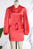Red Casual Solid Patchwork Slit V Neck Long Sleeve Two Pieces