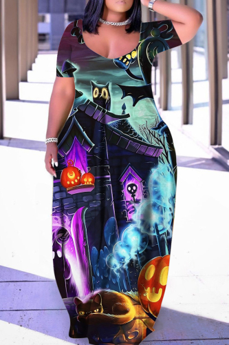 Halloween Costume Multicolor Skull Pumpkin Cat Print Floor Length Plus Size Loose T Shirt Maxi Dress