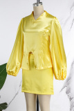 Yellow Casual Solid Patchwork Slit V Neck Long Sleeve Two Pieces
