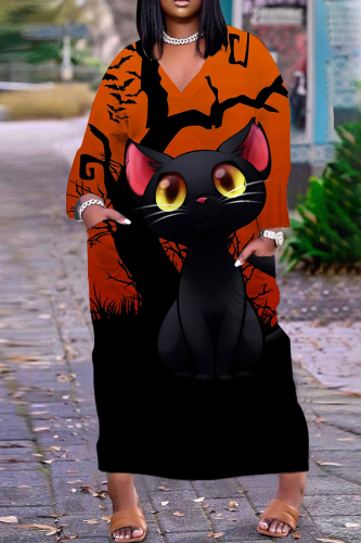 Halloween Costume Tangerine Red Pumpkin Cat Print V Neck Long Sleeves Plus Size Straight Loose Maxi Dress