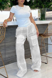 White Street Solid Patchwork Frenulum See-through Straight High Waist Straight Solid Color Bottoms