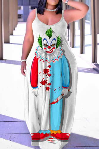 Halloween Costume White Blue Skull Pumpkin Print Floor Length Sleeveless Plus Size Loose Maxi Slip Dress