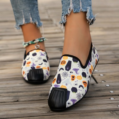 Halloween Cream White Pumpkin Bat Print Round Comfortable Flats Shoes