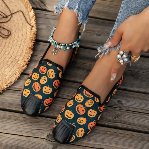Halloween Yellow Pumpkin Bat Print Round Comfortable Flats Shoes