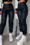 Black Casual Solid Patchwork Regular High Waist Conventional Solid Color Bottoms