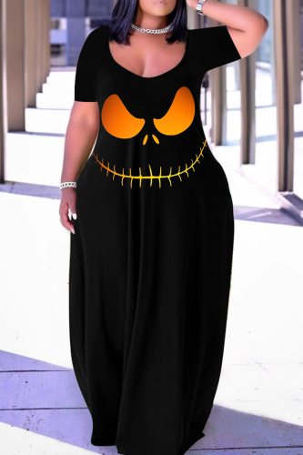 Halloween Costume Black Skull Pumpkin Cat Print Floor Length Plus Size Loose T Shirt Maxi Dress