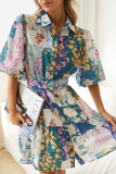 Lake Blue Bohemian Floral With Belt Turndown Collar A Line Dresses