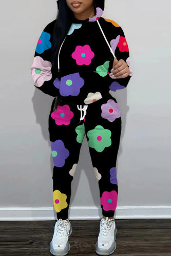 Black Casual Print Basic Hooded Collar Long Sleeve Two Pieces