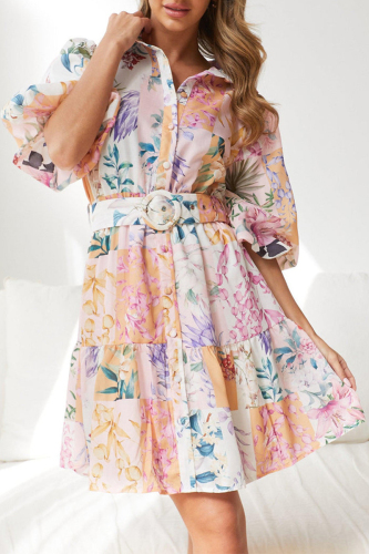 Pink Bohemian Floral With Belt Turndown Collar A Line Dresses