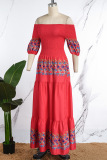 Red Casual Print Patchwork Off the Shoulder Long Dress Dresses