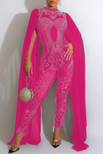 Rose Red Elegant Solid Patchwork Mesh Hot Drill Half A Turtleneck Skinny Jumpsuits