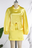Yellow Casual Solid Patchwork Slit V Neck Long Sleeve Two Pieces