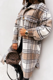 Gray White Casual Plaid Print Patchwork Buckle Turndown Collar Outerwear