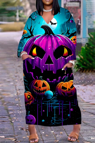 Halloween Costume Blue Purple Pumpkin Cat Print V Neck Long Sleeves Plus Size Straight Loose Maxi Dress