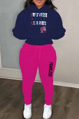Navy Blue Casual Print Letter Hooded Collar Long Sleeve Two Pieces