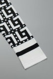 Black Casual Print Patchwork Slit Oblique Collar Tops