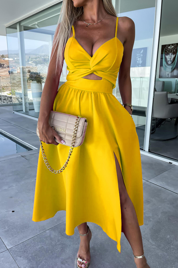Yellow Sexy Celebrities Solid Hollowed Out Pocket Slit V Neck Evening Dress Dresses