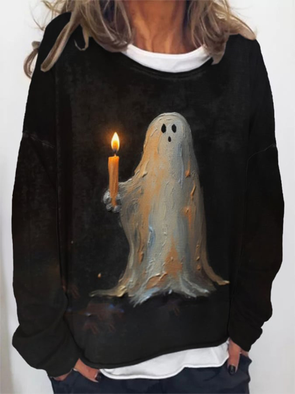 Black Creepy Ghost Candle Casual Print Sweatshirt