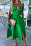 Green Sexy Celebrities Solid Hollowed Out Pocket Slit V Neck Evening Dress Dresses