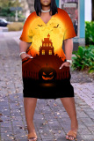 Halloween Costume Orange Casual Print Basic V Neck Short Sleeve Dress