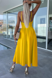Yellow Sexy Celebrities Solid Hollowed Out Pocket Slit V Neck Evening Dress Dresses