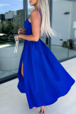 Light Blue Sexy Celebrities Solid Hollowed Out Pocket Slit V Neck Evening Dress Dresses