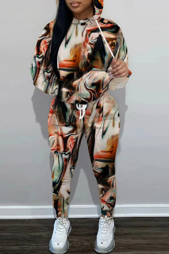 Multicolor Casual Print Basic Hooded Collar Long Sleeve Two Pieces