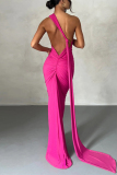 Burgundy Sexy Solid Backless Oblique Collar Long Dress Dresses