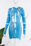 Blue Sexy Solid Patchwork See-through O Neck Long Sleeve Dresses
