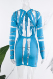 Blue Sexy Solid Patchwork See-through O Neck Long Sleeve Dresses
