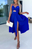 Light Blue Sexy Celebrities Solid Hollowed Out Pocket Slit V Neck Evening Dress Dresses