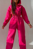 Rose Red Street Solid Patchwork Hooded Collar Jumpsuits
