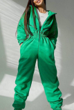Green Street Solid Patchwork Hooded Collar Jumpsuits