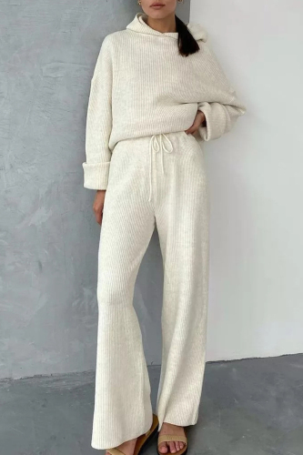 White Casual Solid Draw String Hooded Collar Long Sleeve Two Pieces