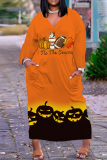 Halloween Costume Orange Casual Print Basic V Neck Long Sleeve Dresses