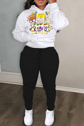 Black And White Casual Character Print Letter Hooded Collar Long Sleeve Two Pieces