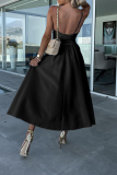 Black Sexy Celebrities Solid Hollowed Out Pocket Slit V Neck Evening Dress Dresses
