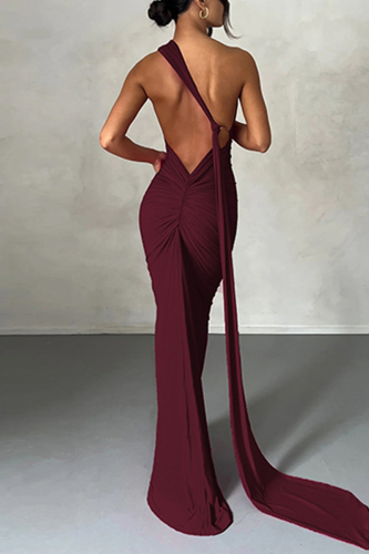 Burgundy Sexy Solid Backless Oblique Collar Long Dress Dresses
