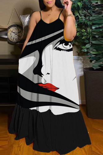 Black Sexy Casual Print Backless Spaghetti Strap Long Dress Dresses
