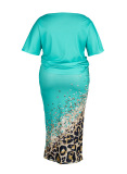 Green Casual Street Print Patchwork Oblique Collar Short Sleeve Two Pieces