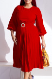 Rose Red Casual Elegant Solid Patchwork Fold With Belt O Neck Straight Dresses(Contain The Belt)