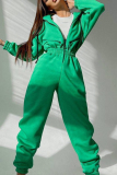 Green Street Solid Patchwork Hooded Collar Jumpsuits